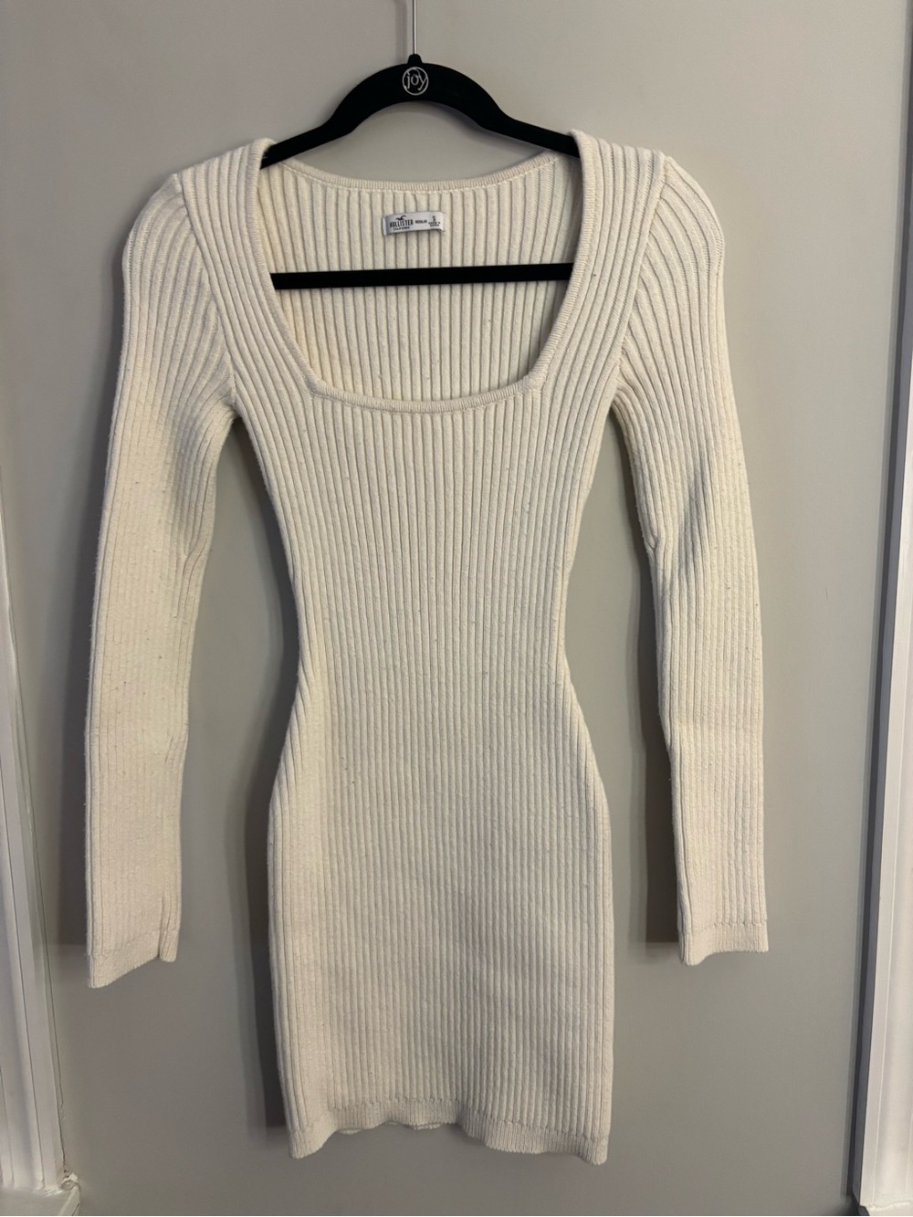 Hollister Cream Ribbed Scoop-Neck Long Sleeve Dress